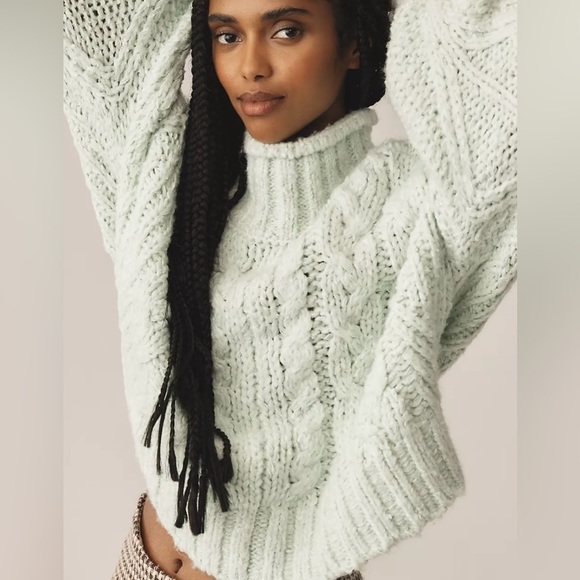 Anthropologie Chunky Knit Fisherman Sweater Light Green NWT - Picture 9 of 11